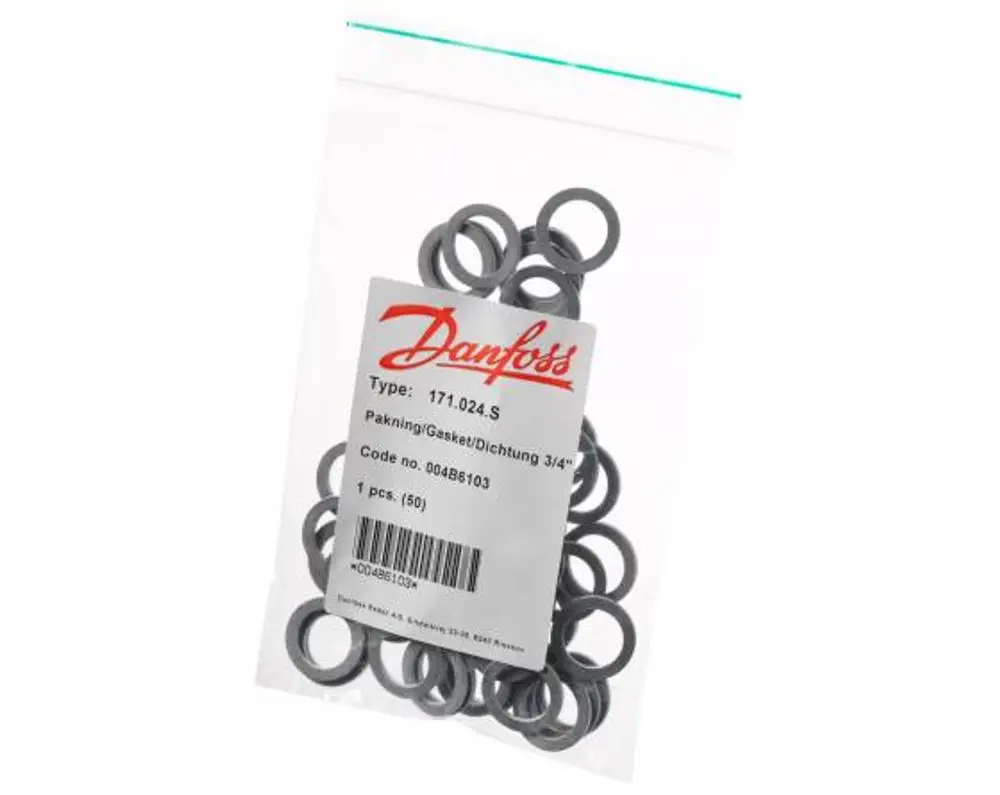 Dichtungssättel in einer transparenten Verpackung mit Danfoss-Logo, sichtbar sind mehrere graue Dichtungsringe, die für undichte Verbindungen verwendet werden können.